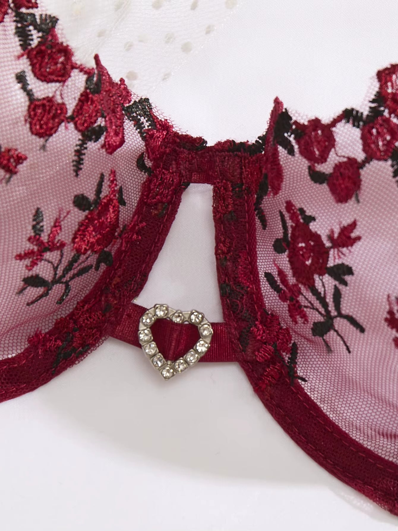 Ladies' Wine Red Heart-Shaped Design Embroidered Semi Transparent Comfortable Breathable Underwear Set, Suitable ZA825026