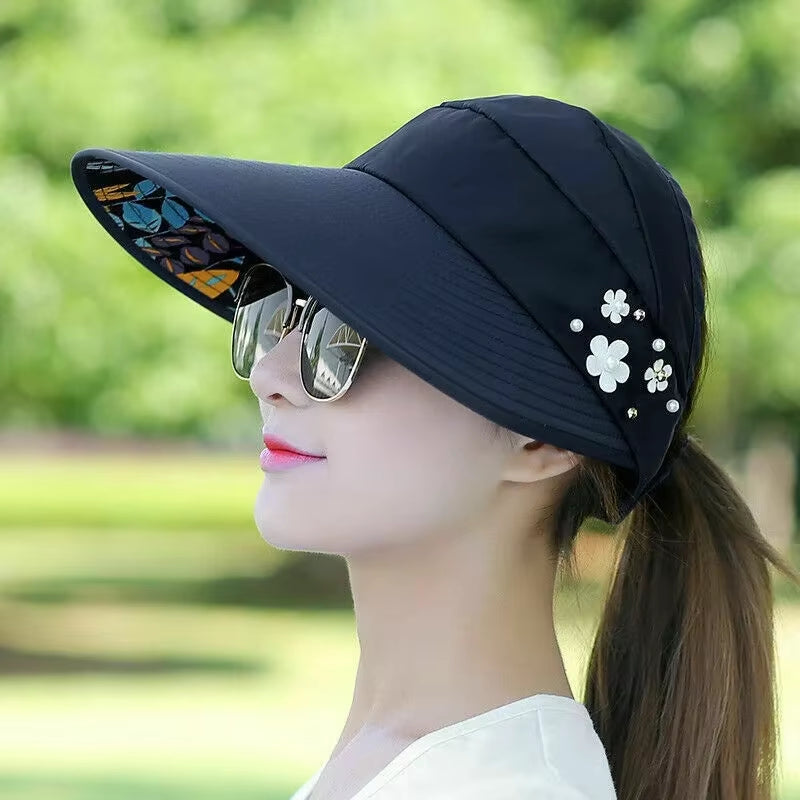 Sun Hat Summer Shade Fashion Women Ladies Summer Vacation Wide Brim Foldable Anti-Uv Beach Visor Caps Empty Top Hats Korea Style