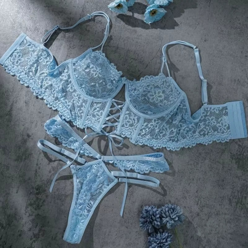Bra Brief Sets Female Transparent Sexy Romantic Lingerie Black Lace Underwear Flowers Sensual See through Erotic Sets