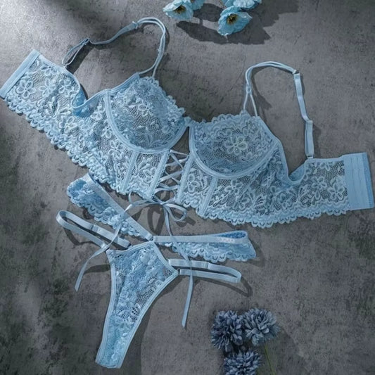 Bra Brief Sets Female Transparent Sexy Romantic Lingerie Black Lace Underwear Flowers Sensual See through Erotic Sets