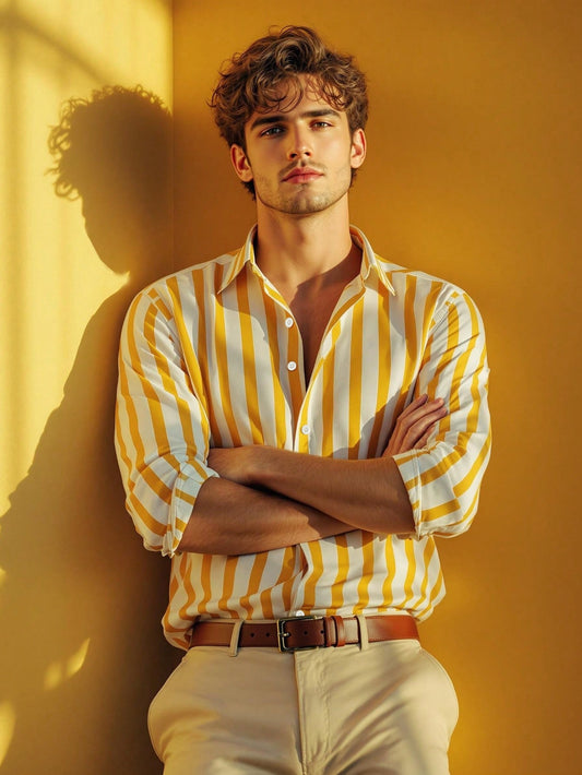 Adora Milano Camicia Casual a Maniche Lunghe con Bottoni e Righe, Adatta per l'Autunno e il Natale Gialla