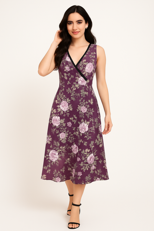 Adora Milano Purple with flowers Print  V-neck Sleeveless Dress