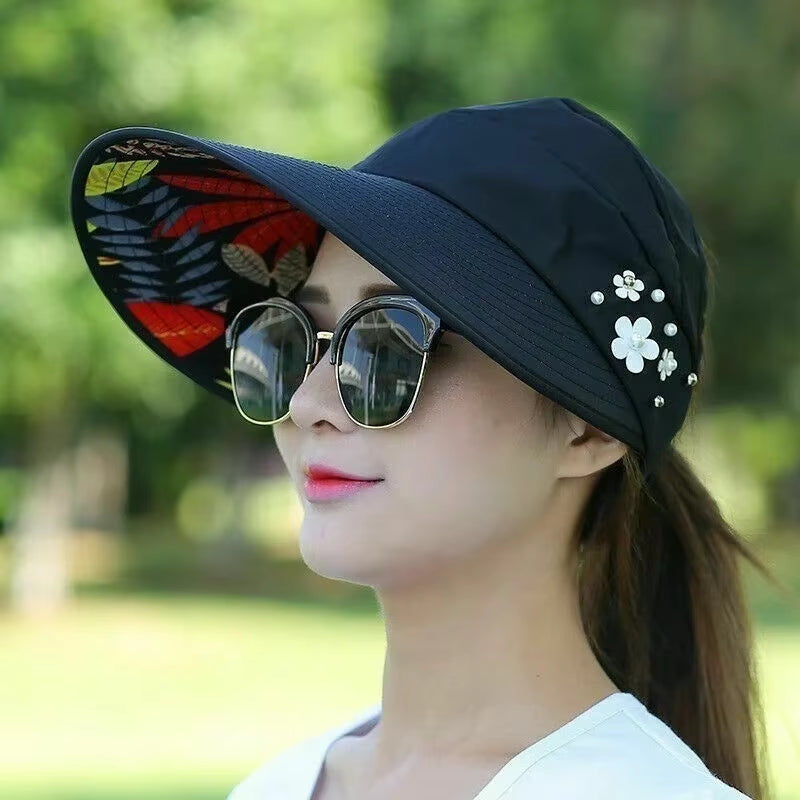 Sun Hat Summer Shade Fashion Women Ladies Summer Vacation Wide Brim Foldable Anti-Uv Beach Visor Caps Empty Top Hats Korea Style