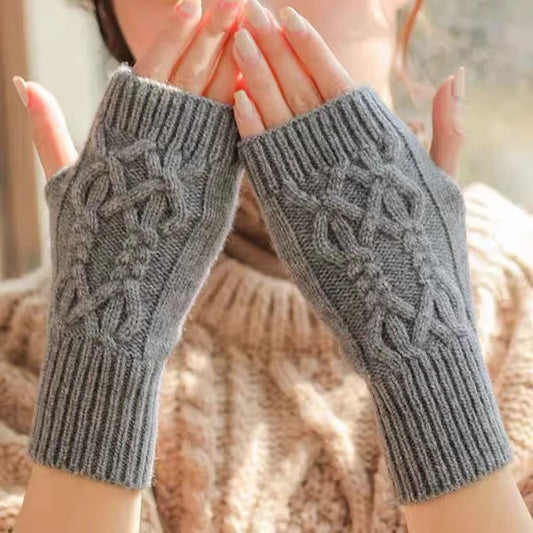 Autumn Winter Knitted Fried Dough Twists Warm Gloves for Women Solid Color Soft Skin Thickened Half Finger Gloves Wrist Washable
