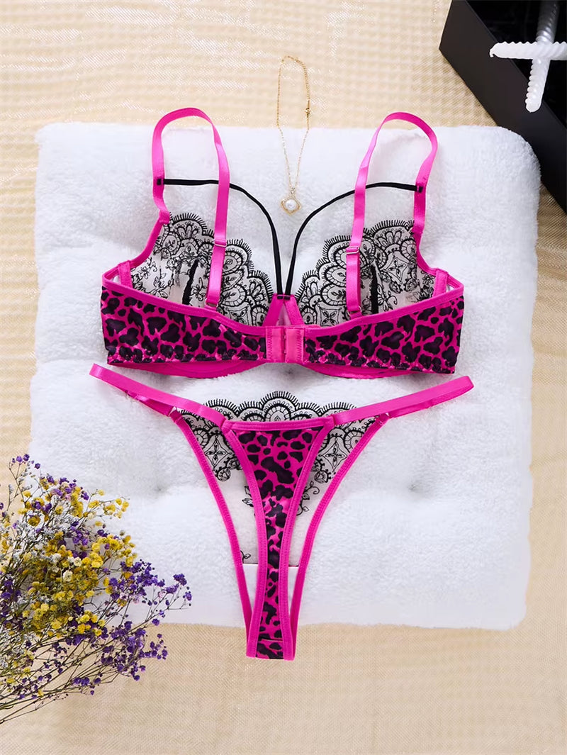 Lingerie Sexy Hot Female Lace Underwear Transparent Bra Panty Set Three-Point Underwear Pure Desire Leopard Print Lingerie Set