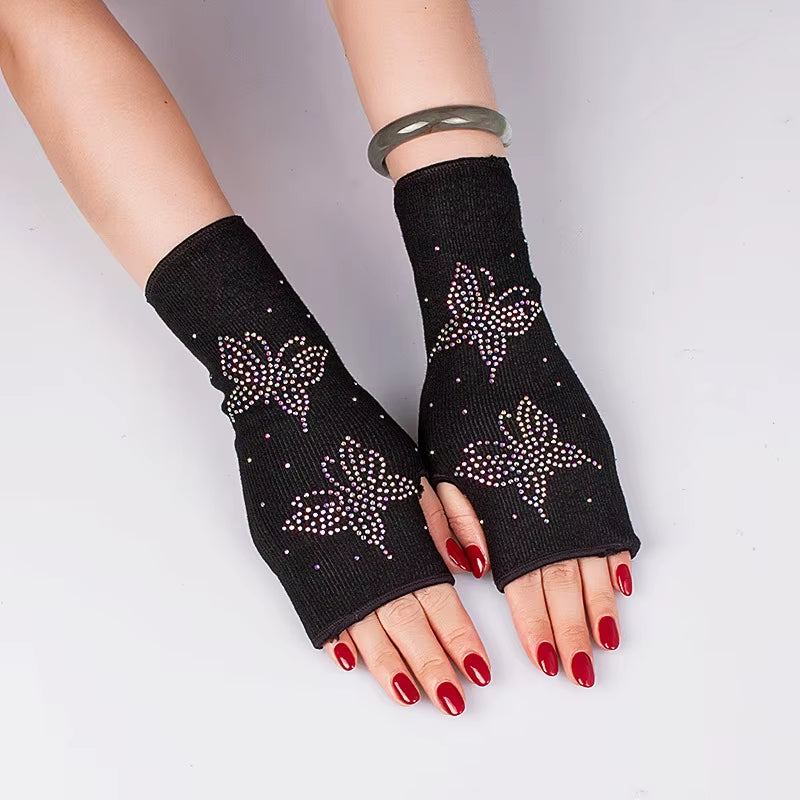 Woman'S inside Plush Thick Warm Half Finger Gloves Winter Knit Spider Rhinestone Fingerless Touch Screen Driving Mittens S88