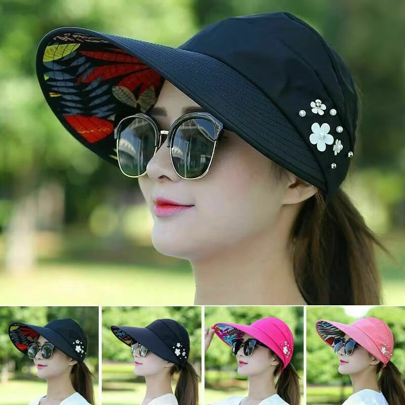 Sun Hat Summer Shade Fashion Women Ladies Summer Vacation Wide Brim Foldable Anti-Uv Beach Visor Caps Empty Top Hats Korea Style