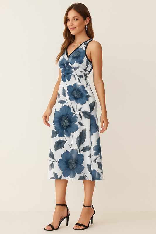 Adora Milano  Blue flower Print  V-neck Sleeveless Dress