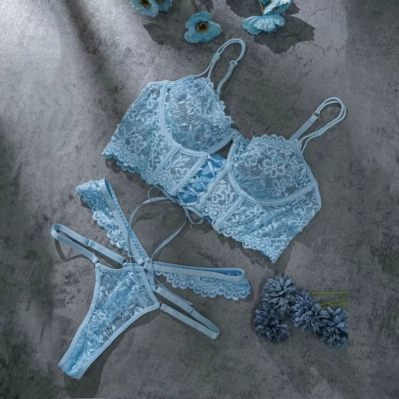Bra Brief Sets Female Transparent Sexy Romantic Lingerie Black Lace Underwear Flowers Sensual See through Erotic Sets