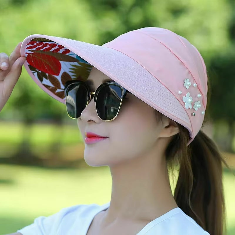 Sun Hat Summer Shade Fashion Women Ladies Summer Vacation Wide Brim Foldable Anti-Uv Beach Visor Caps Empty Top Hats Korea Style