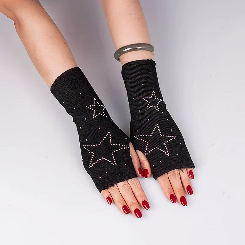 Woman'S inside Plush Thick Warm Half Finger Gloves Winter Knit Spider Rhinestone Fingerless Touch Screen Driving Mittens S88