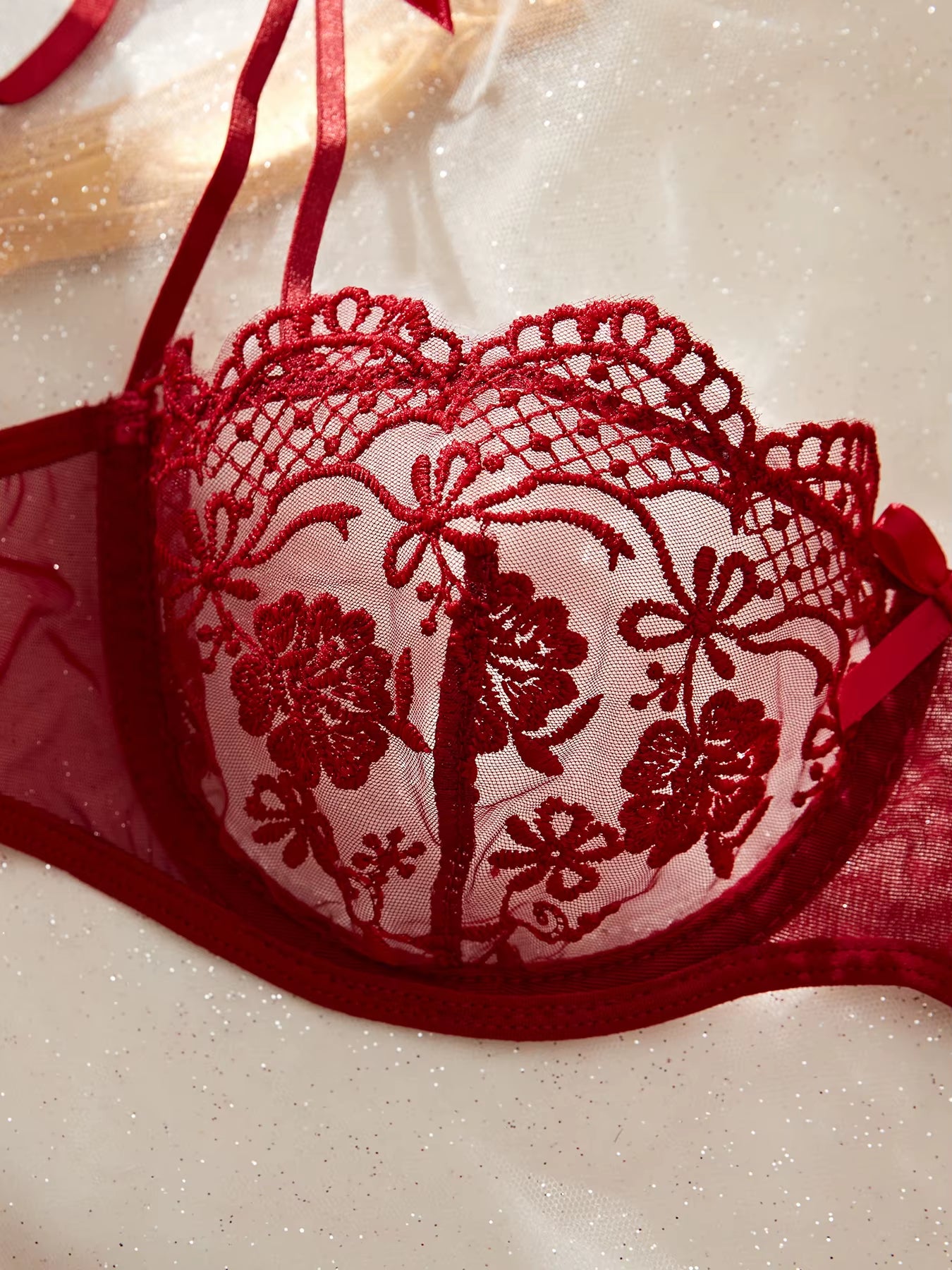 Lady Floral Embroidery Lingerie Set Women Sheer Bra and Brief Underwear Set Satin Sexy Intimates Underwear