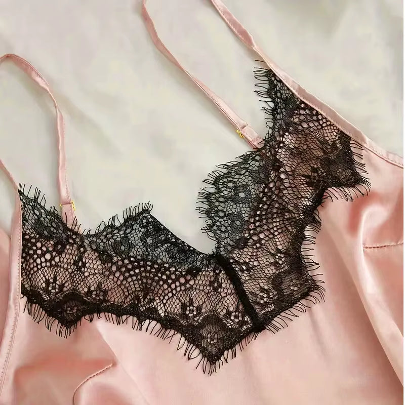 Women'S Satin Sleepwear Pajama Set Pink Sexy Lingerie Bath Robe Lace Patchwork Silk Night Dress Trousers Home Clothed Nightwear