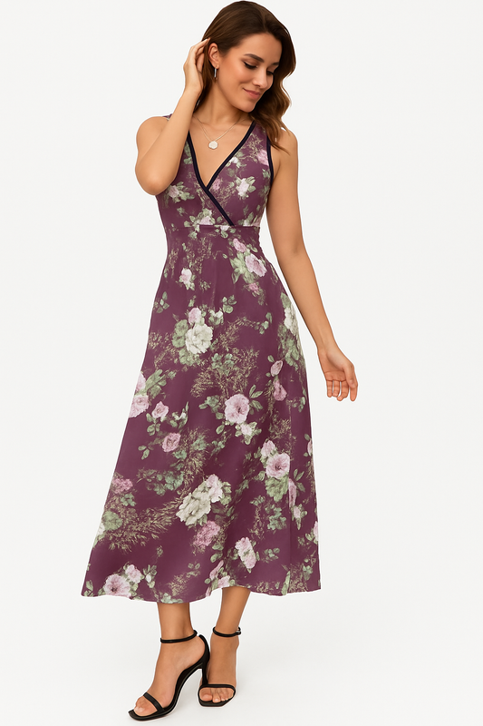 Adora Milano Purple with flowers Print  V-neck Sleeveless Dress