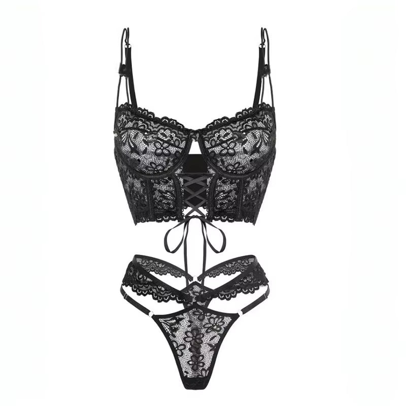 Bra Brief Sets Female Transparent Sexy Romantic Lingerie Black Lace Underwear Flowers Sensual See through Erotic Sets