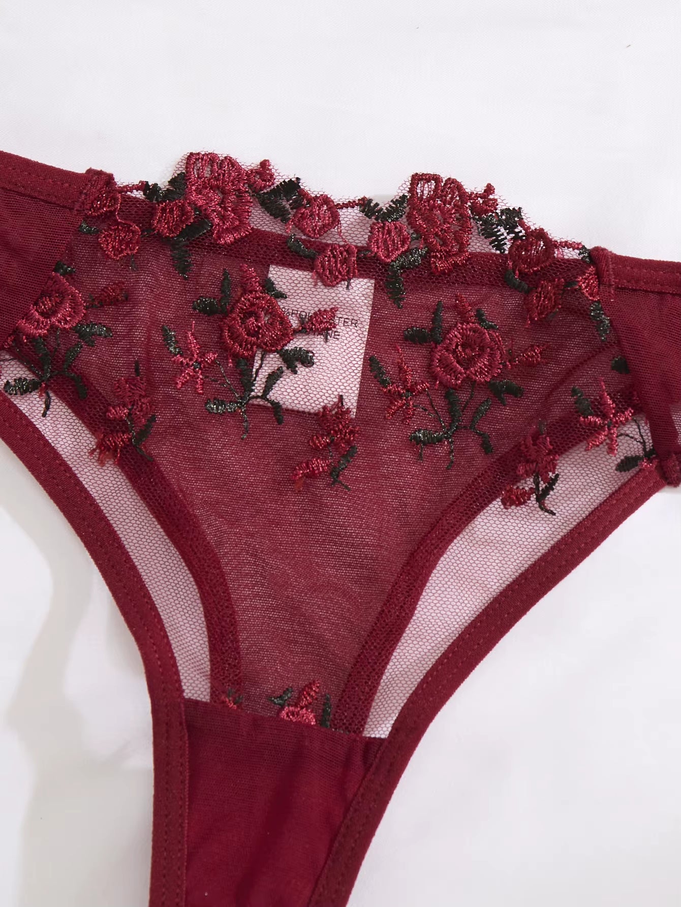 Ladies' Wine Red Heart-Shaped Design Embroidered Semi Transparent Comfortable Breathable Underwear Set, Suitable ZA825026