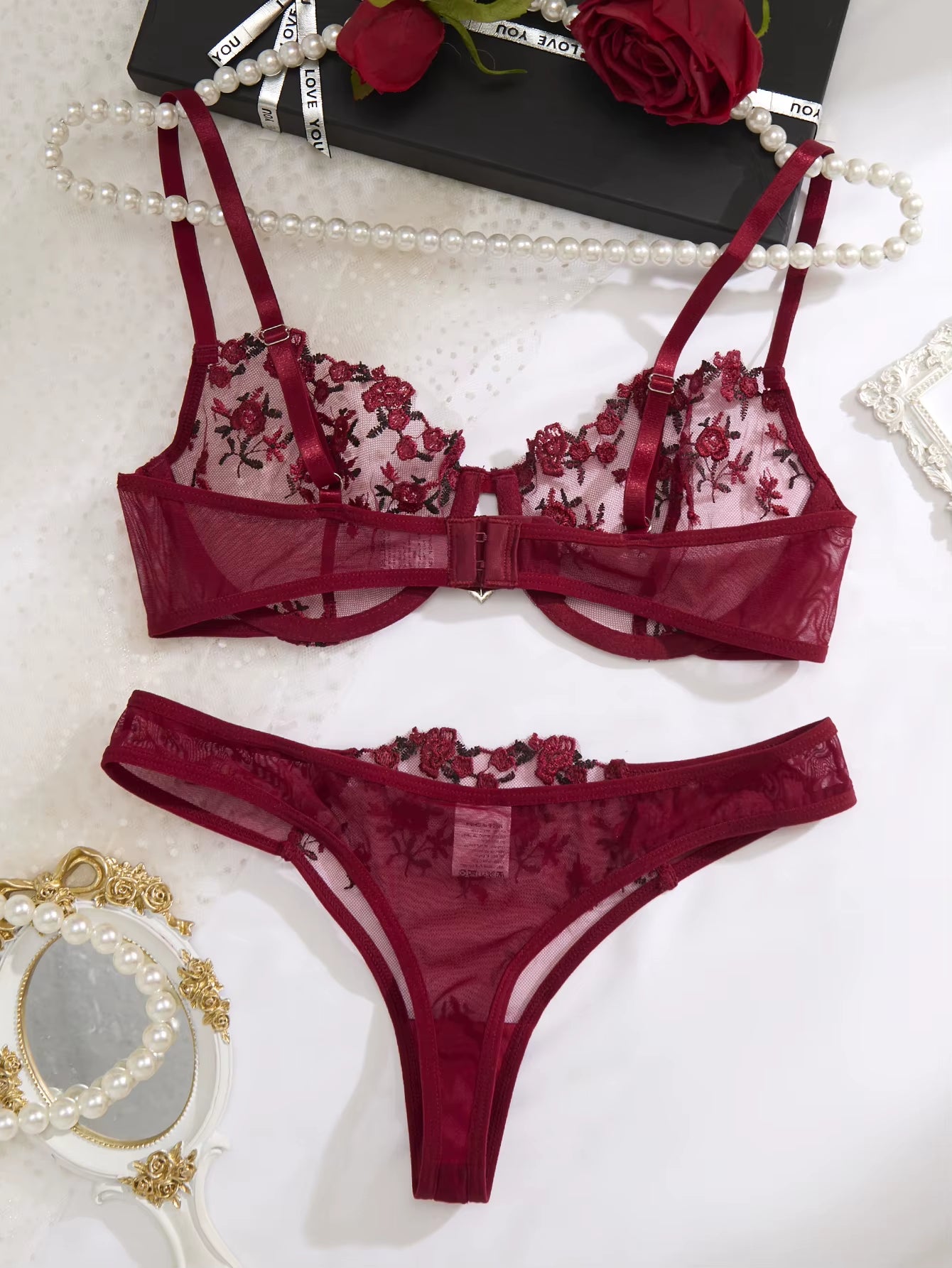 Ladies' Wine Red Heart-Shaped Design Embroidered Semi Transparent Comfortable Breathable Underwear Set, Suitable ZA825026