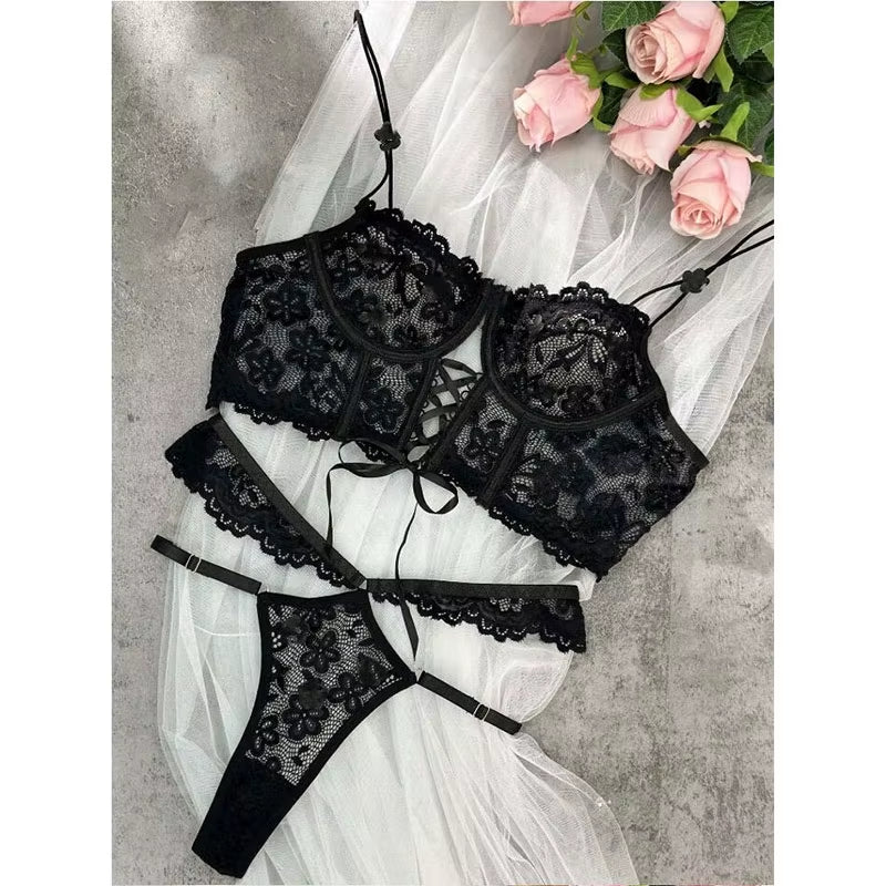 Bra Brief Sets Female Transparent Sexy Romantic Lingerie Black Lace Underwear Flowers Sensual See through Erotic Sets