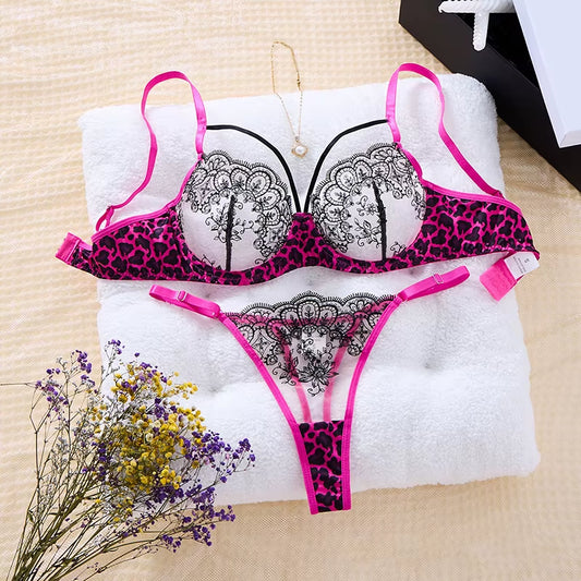 Lingerie Sexy Hot Female Lace Underwear Transparent Bra Panty Set Three-Point Underwear Pure Desire Leopard Print Lingerie Set