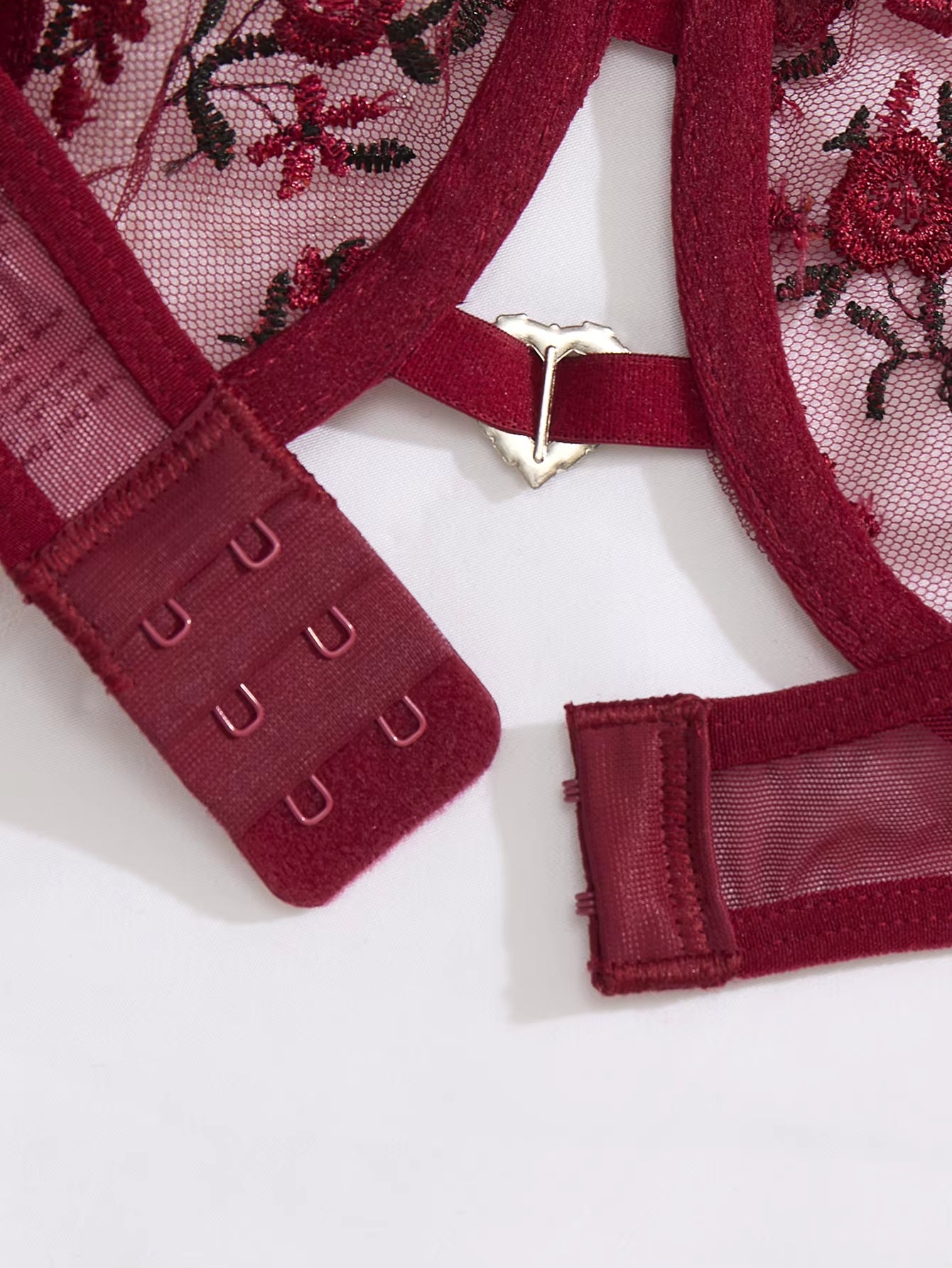 Ladies' Wine Red Heart-Shaped Design Embroidered Semi Transparent Comfortable Breathable Underwear Set, Suitable ZA825026