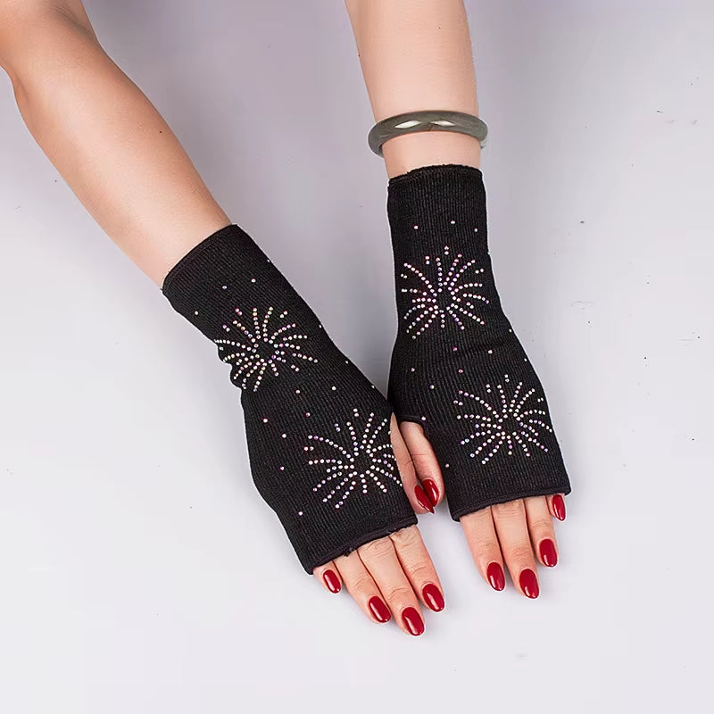 Woman'S inside Plush Thick Warm Half Finger Gloves Winter Knit Spider Rhinestone Fingerless Touch Screen Driving Mittens S88