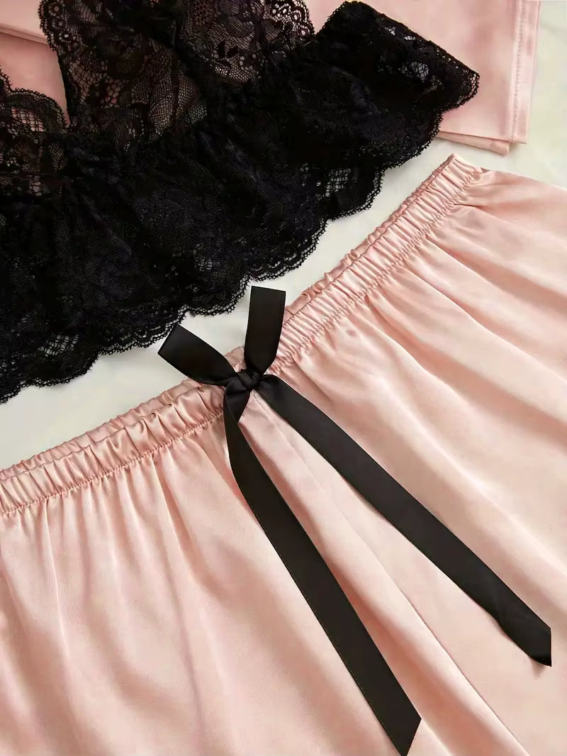 Women'S Satin Sleepwear Pajama Set Pink Sexy Lingerie Bath Robe Lace Patchwork Silk Night Dress Trousers Home Clothed Nightwear
