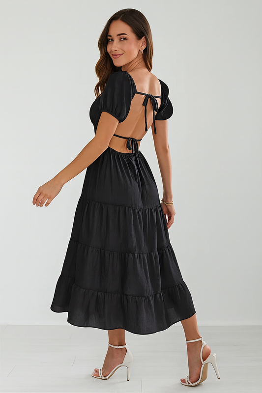 Adora Milano Backless Tiered Puff Sleeve Midi Dress