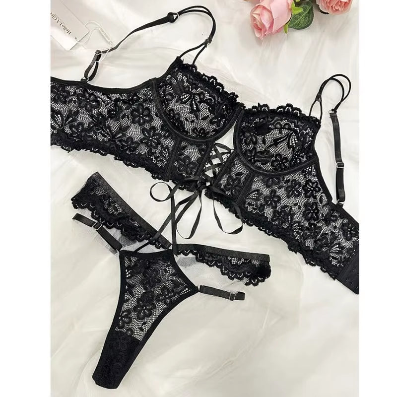 Bra Brief Sets Female Transparent Sexy Romantic Lingerie Black Lace Underwear Flowers Sensual See through Erotic Sets