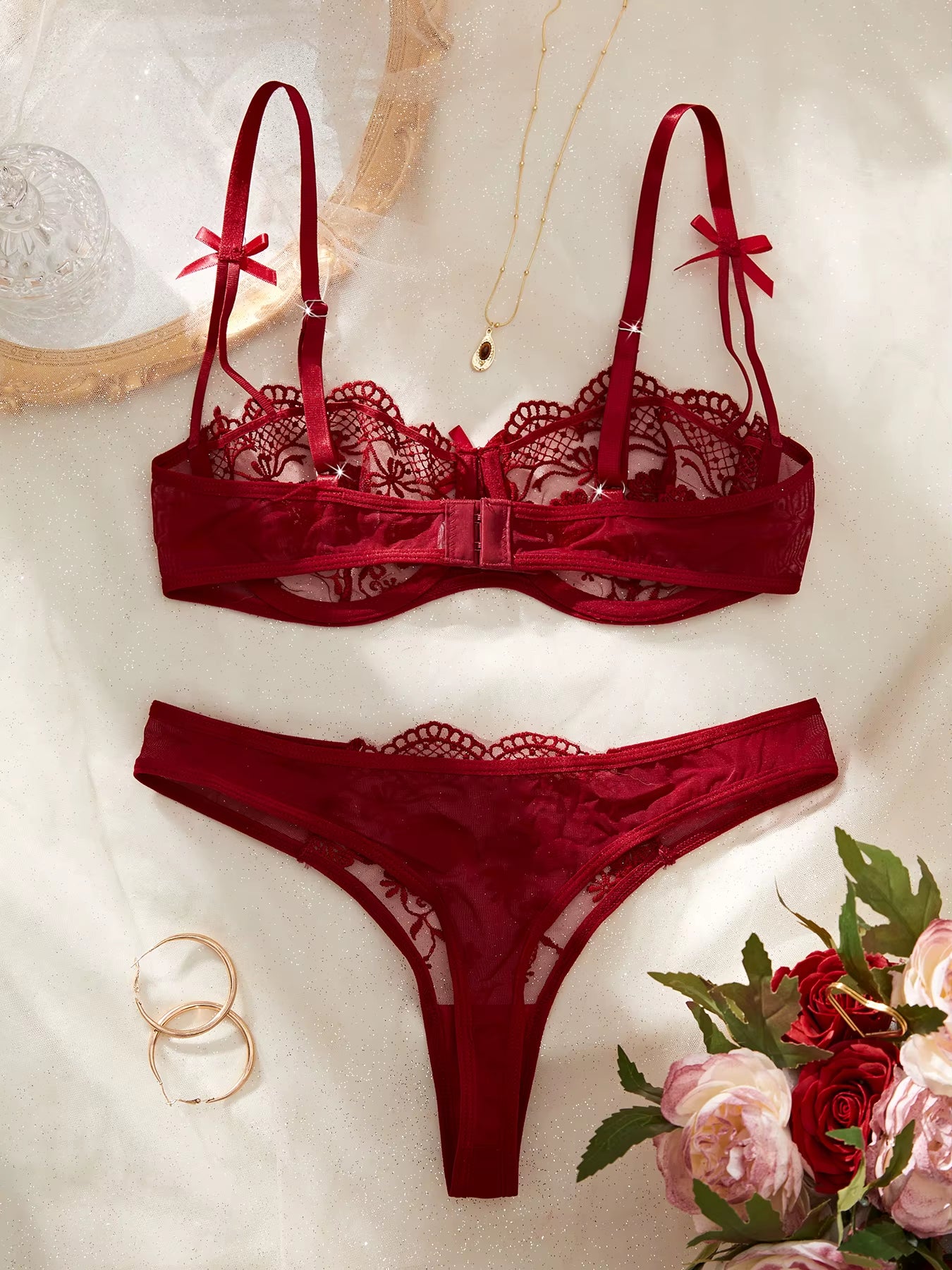 Lady Floral Embroidery Lingerie Set Women Sheer Bra and Brief Underwear Set Satin Sexy Intimates Underwear