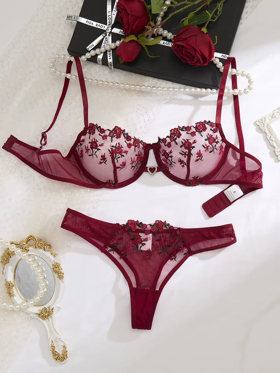 Ladies' Wine Red Heart-Shaped Design Embroidered Semi Transparent Comfortable Breathable Underwear Set, Suitable ZA825026