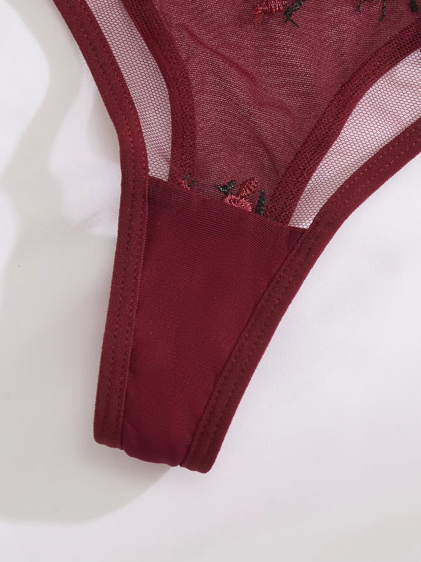 Ladies' Wine Red Heart-Shaped Design Embroidered Semi Transparent Comfortable Breathable Underwear Set, Suitable ZA825026