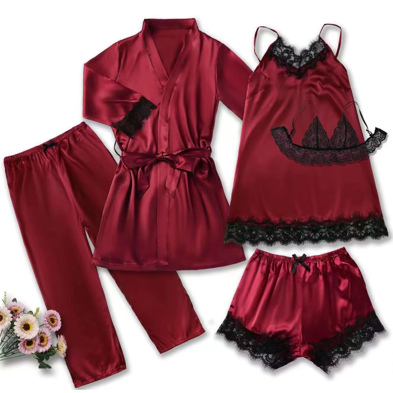 Women'S Satin Sleepwear Pajama Set Pink Sexy Lingerie Bath Robe Lace Patchwork Silk Night Dress Trousers Home Clothed Nightwear