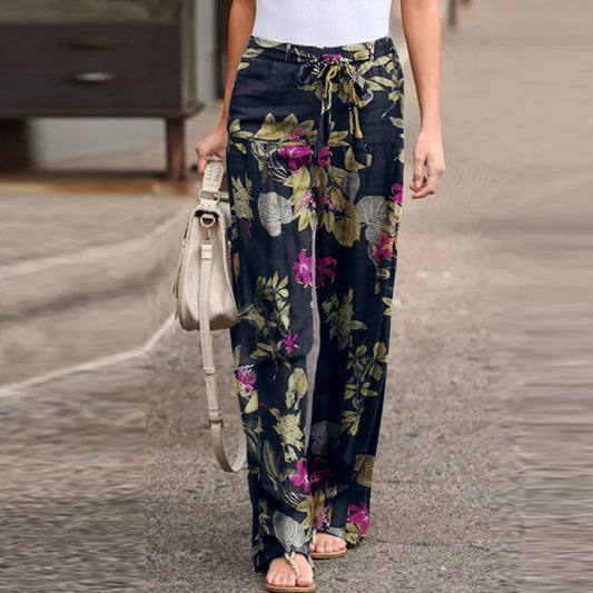 Pantaloni da donna vintage con coulisse, primavera autunno, alla moda, stampa floreale, gamba larga, casual, larghi, lunghi