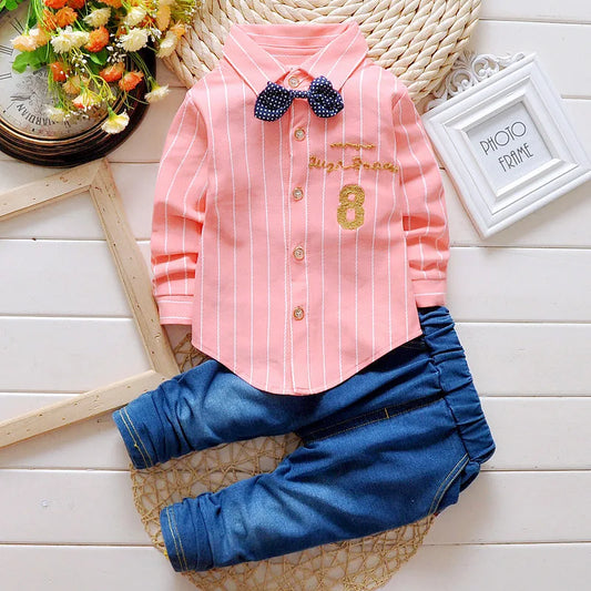 Adora Milano Set camicia+pantaloni in denim con papillon casual per neonati, abiti per bambini