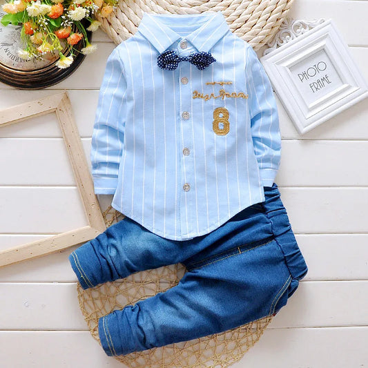 Adora Milano Set camicia+pantaloni in denim con papillon casual per neonati, abiti per bambini