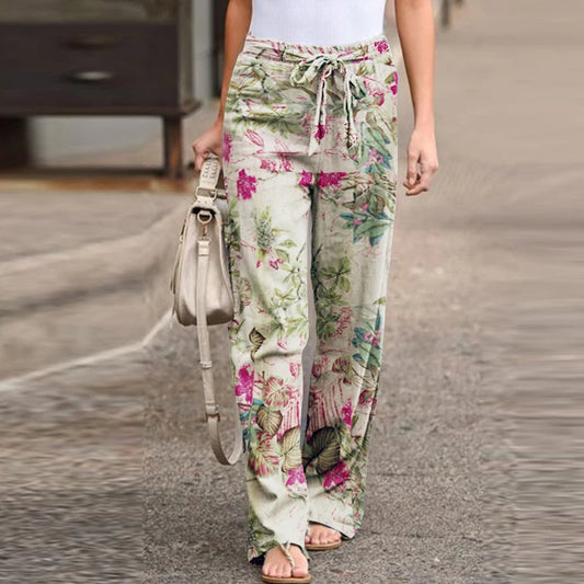 Pantaloni da donna vintage con coulisse, primavera autunno, alla moda, stampa floreale, gamba larga, casual, larghi, lunghi