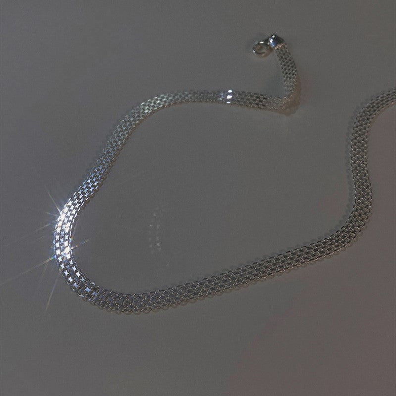 S925 Sterling Silver Woven Sparkling Wide Face Necklace Women's Simple Cold Style High-grade Gypsophila Stylish Stacked Necklace