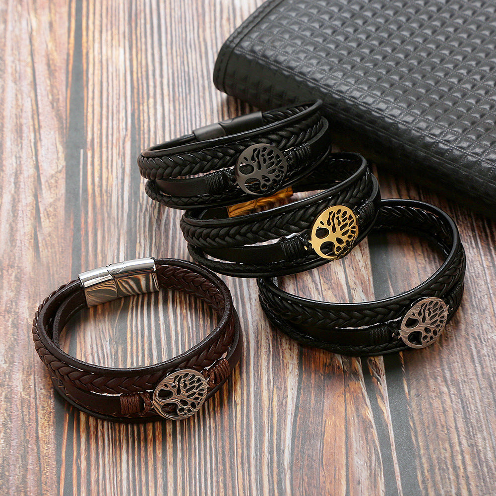 New Tree Of Life Bracelet Titanium Steel Bracelet Personality Multi-layer Woven Leather Men's Bracelet