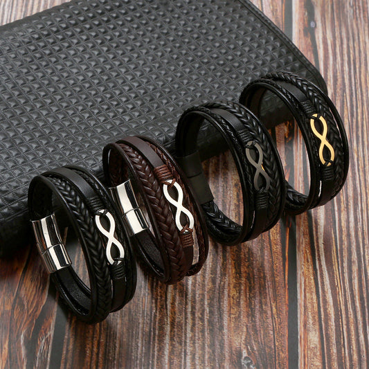 Simple Bracelet European And American Titanium Steel Men's 8-character Multi-layer Handmade Leather Men's Magnet Buckle Bracelet