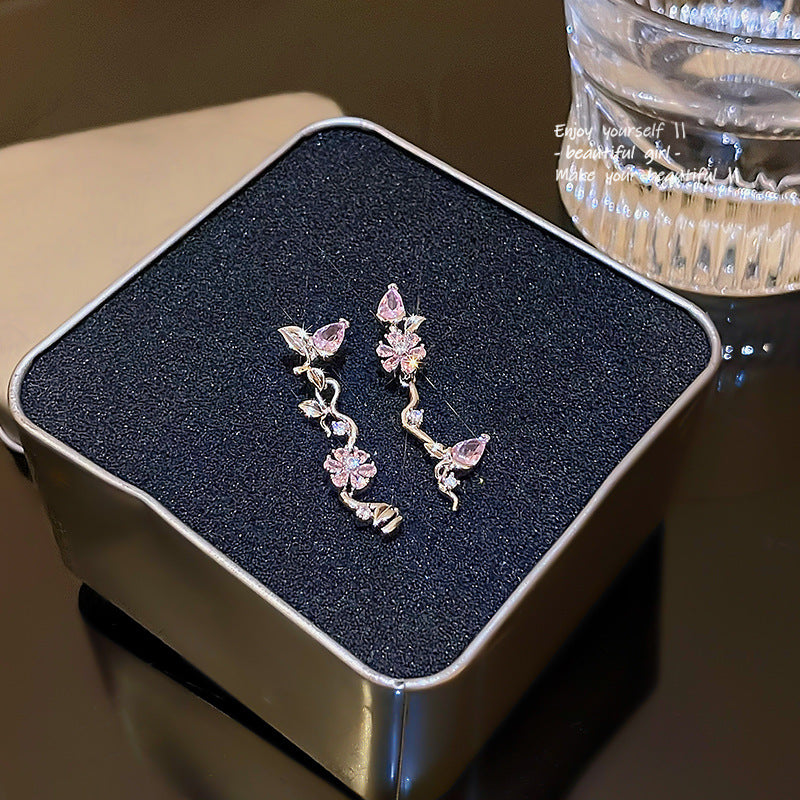 S925 Silver Needle Super Fairy Temperament Long Tassel Flower Earrings Versatile Temperament Pink Zircon Love Earrings Stud Earrings