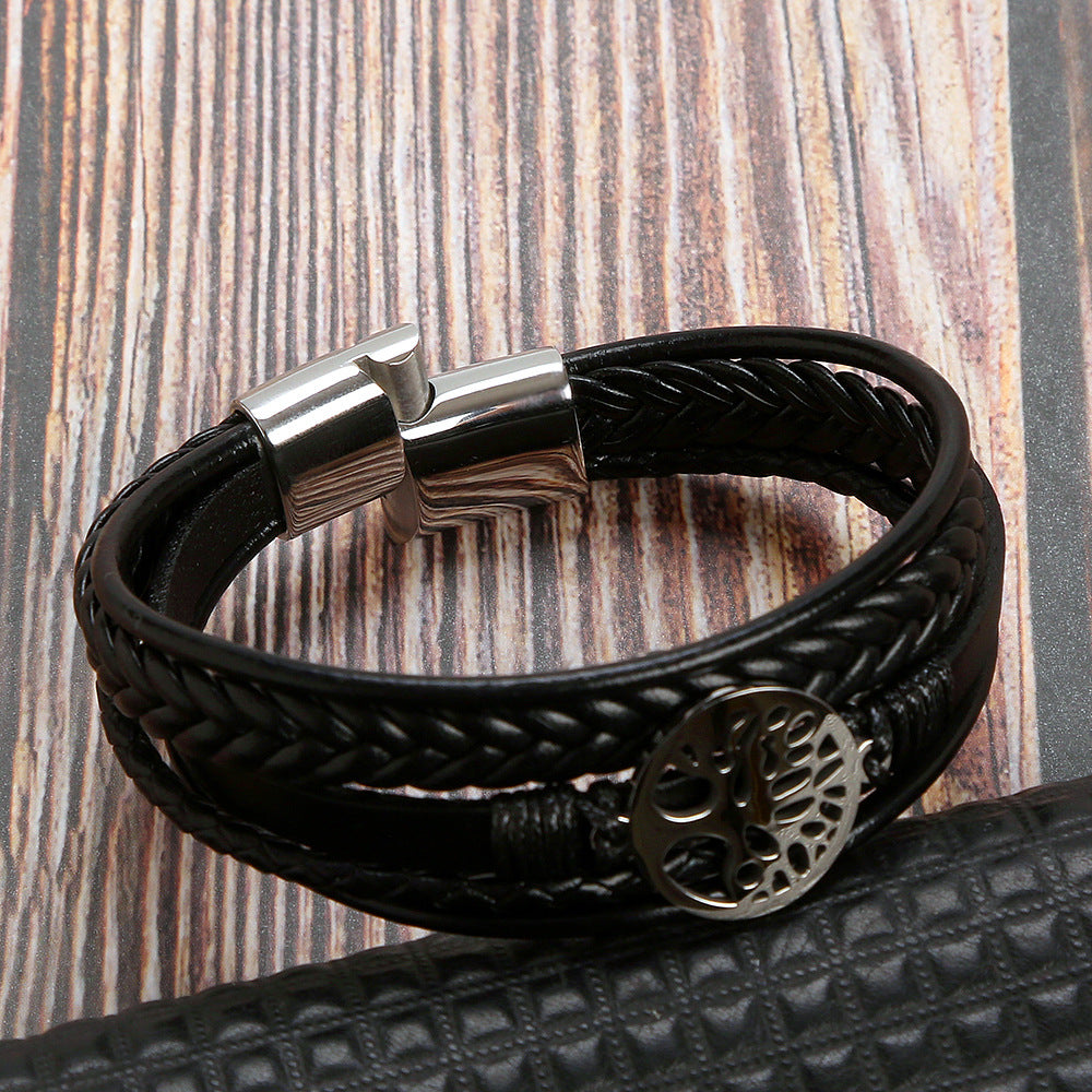 New Tree Of Life Bracelet Titanium Steel Bracelet Personality Multi-layer Woven Leather Men's Bracelet