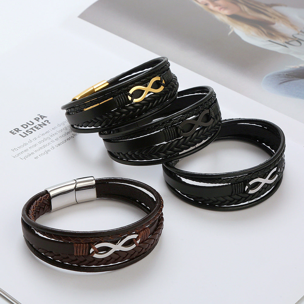 Simple Bracelet European And American Titanium Steel Men's 8-character Multi-layer Handmade Leather Men's Magnet Buckle Bracelet
