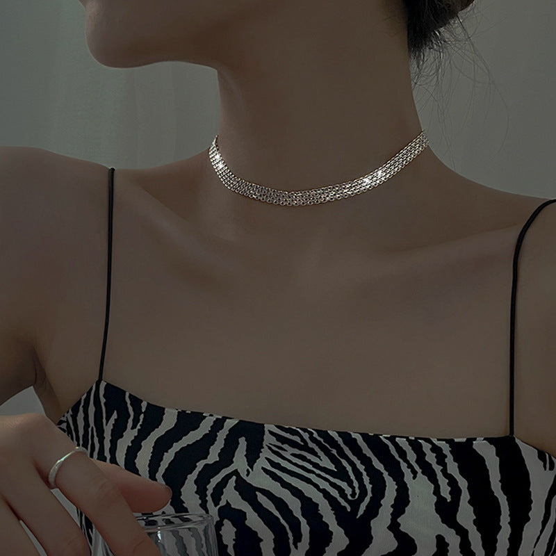 S925 Sterling Silver Woven Sparkling Wide Face Necklace Women's Simple Cold Style High-grade Gypsophila Stylish Stacked Necklace