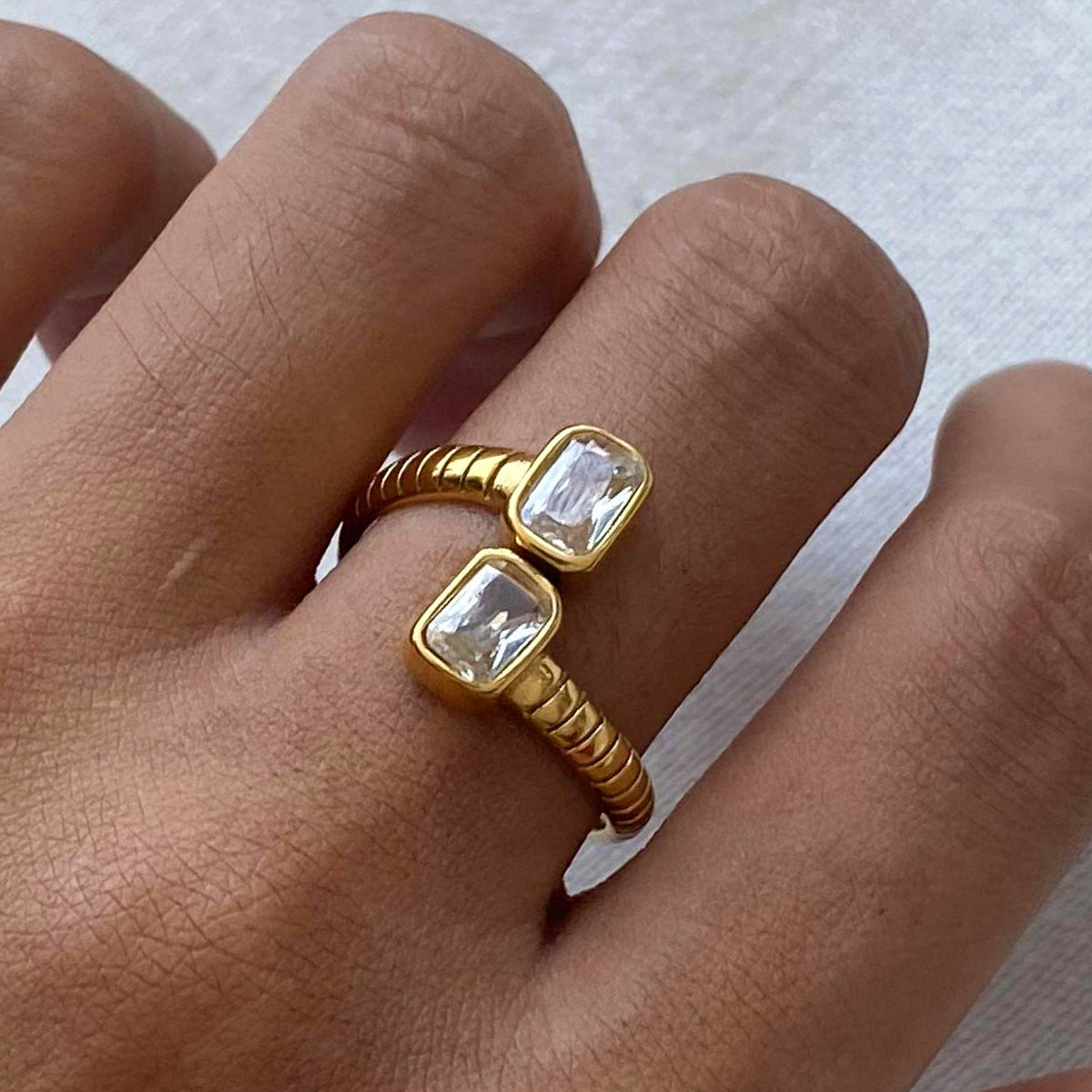 European And American Stainless Steel Zircon Open Ring Foreign Trade Advanced Sense Ring Design Sense Exquisite Light Luxury Jewelry For Women