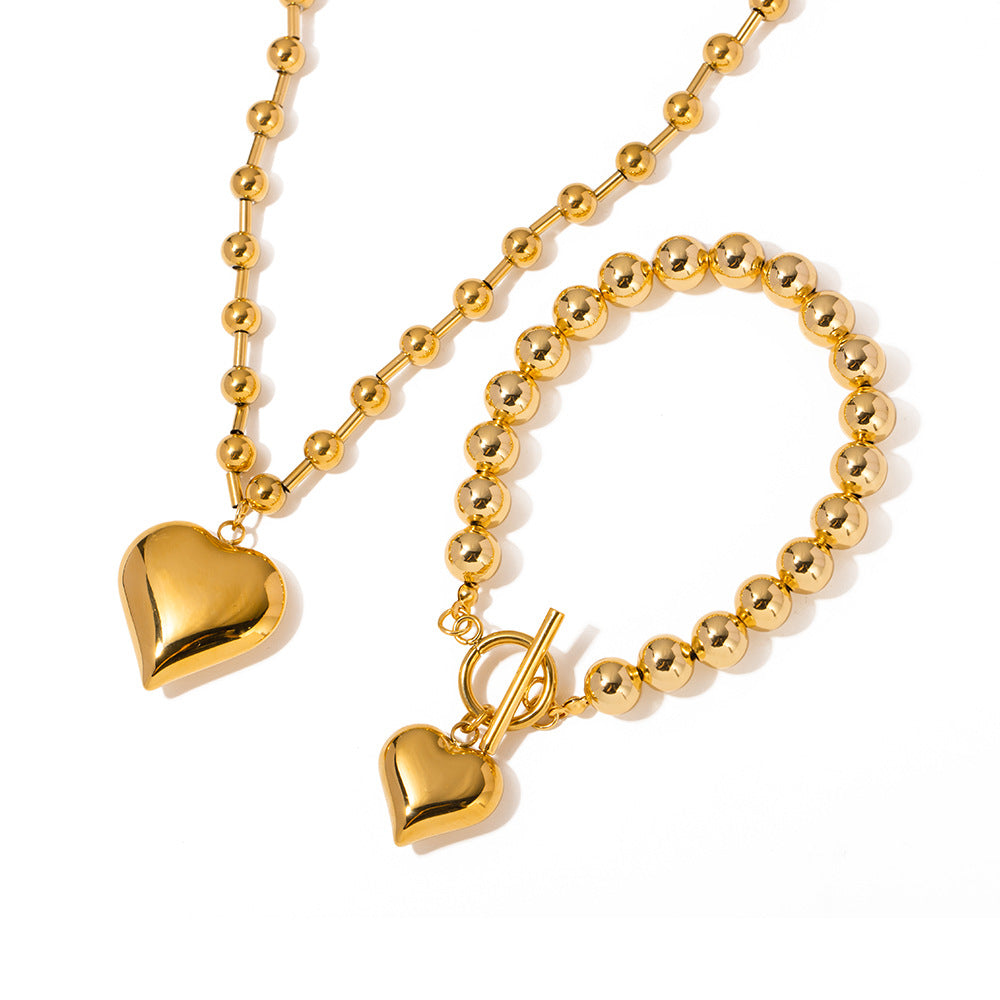 Designer European And American Three-dimensional Peach Heart Pendant Round Bead Necklace Stainless Steel Gold Love Necklace High-grade Female