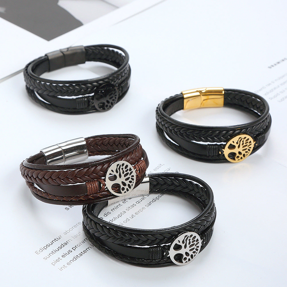 New Tree Of Life Bracelet Titanium Steel Bracelet Personality Multi-layer Woven Leather Men's Bracelet