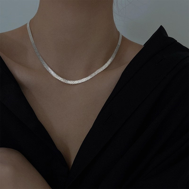 S925 Sterling Silver Woven Sparkling Wide Face Necklace Women's Simple Cold Style High-grade Gypsophila Stylish Stacked Necklace