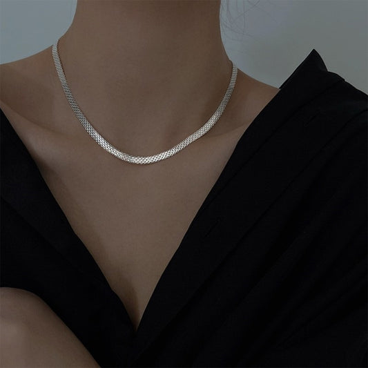 S925 Sterling Silver Woven Sparkling Wide Face Necklace Women's Simple Cold Style High-grade Gypsophila Stylish Stacked Necklace