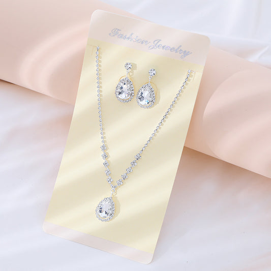 Wedding Drop Pendant Set Chain Bridal Rhinestone Silver-plated Necklace Earrings 2-piece