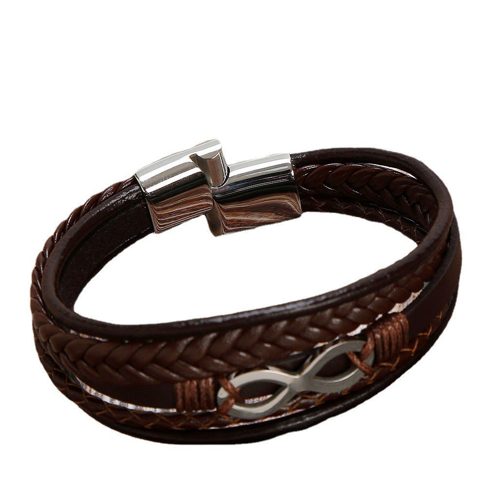 Simple Bracelet European And American Titanium Steel Men's 8-character Multi-layer Handmade Leather Men's Magnet Buckle Bracelet